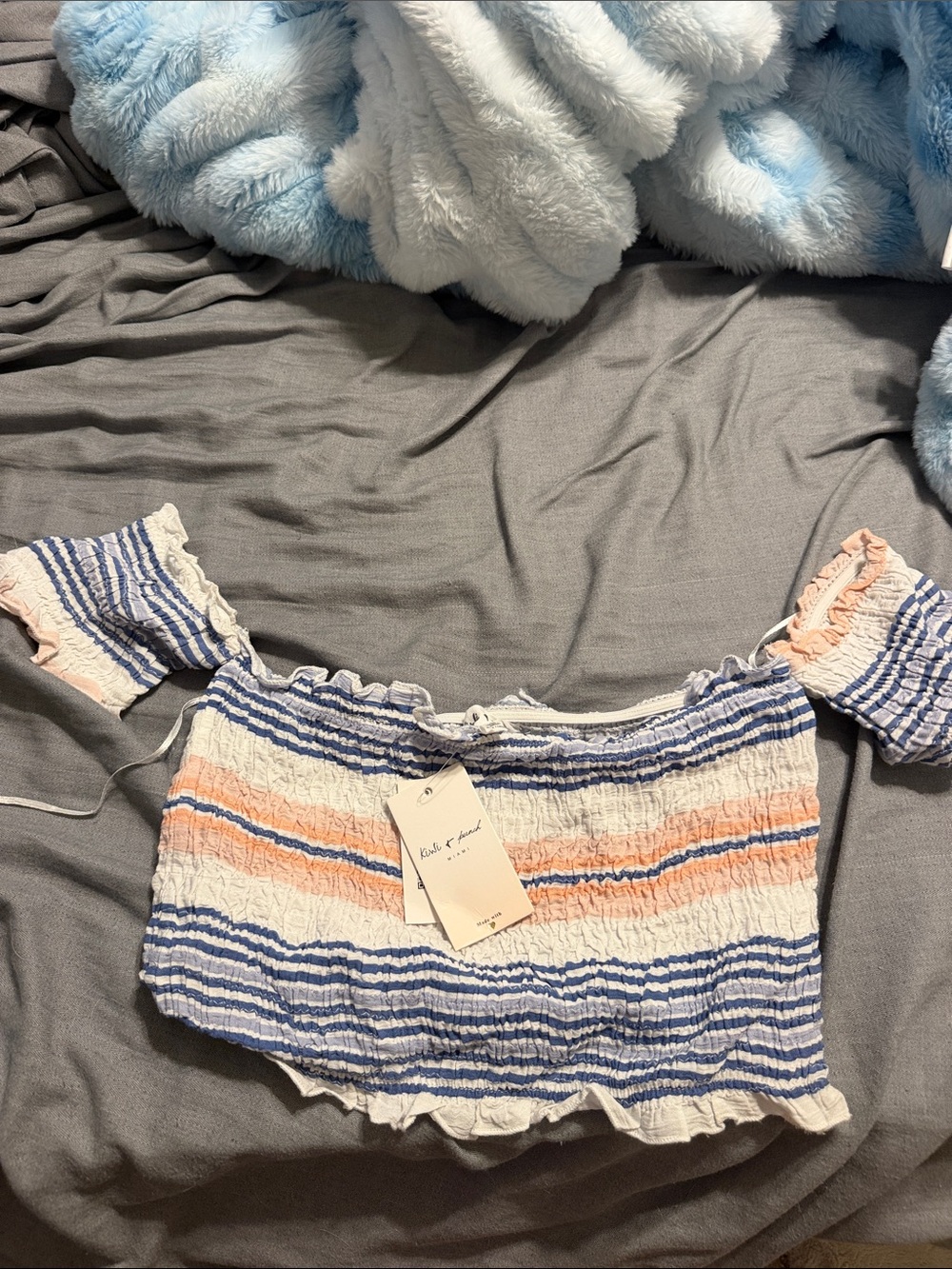 Kiwi & Punch Off-Shoulder Striped Smocked Crop Top - Blue & Peach